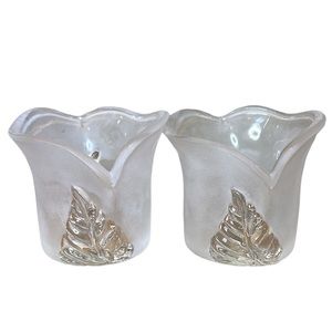 ?Partylite Tealight holders frosted glass leaf debossing set‎ of 2